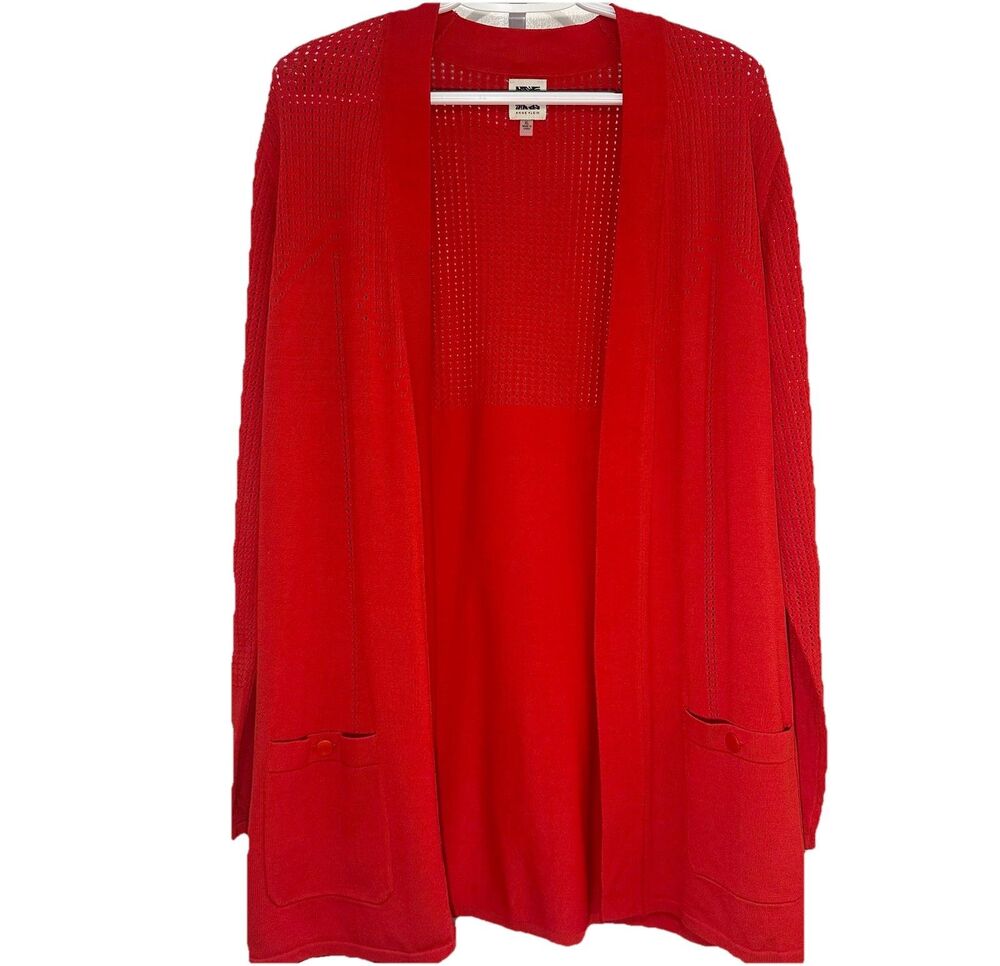 Anne Klein XL Red Open Front Cardigan Lightweight Knit Long Pockets